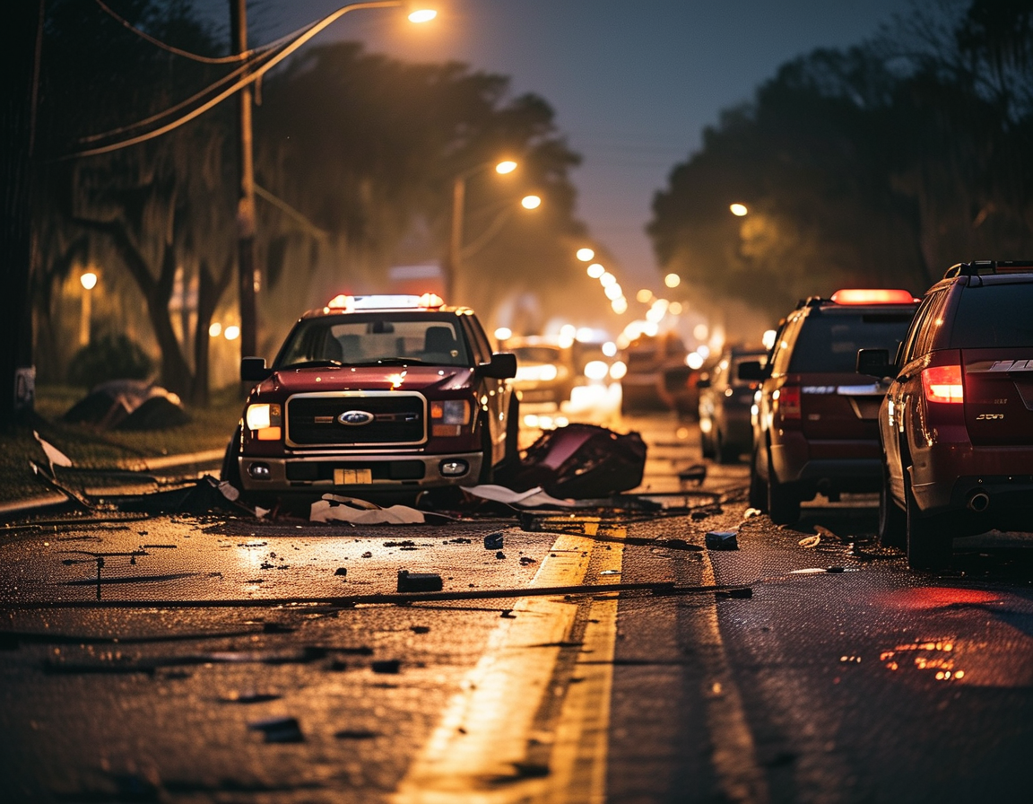 A somber scene of a deserted North Charleston street at night, marked by flashing police lights and damaged vehicles, illustrating the consequences of reckless driving.