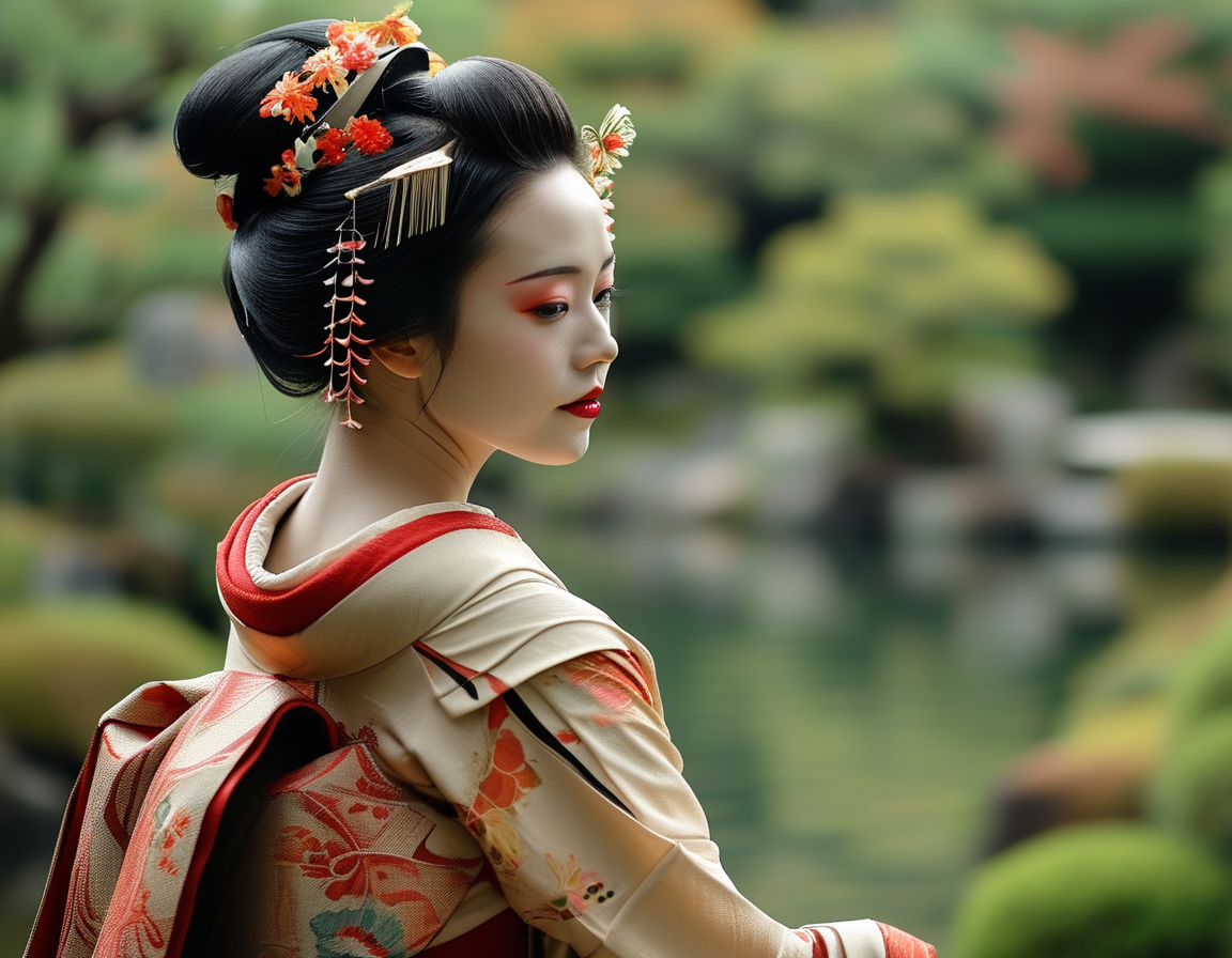 An elegant geisha in traditional attire gracefully performing a dance amidst a serene Japanese garden, showcasing the beauty of Japanese culture.