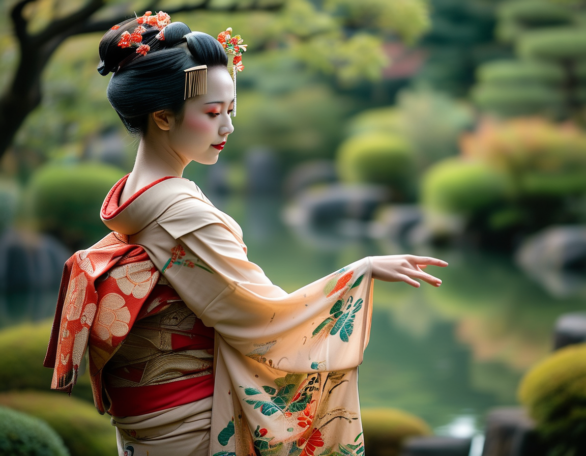A close-up of a geisha's kimono, highlighting intricate patterns and the beautiful kanzashi hair ornaments that signify her status and artistry.