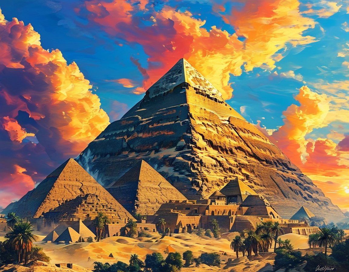 An artistic representation of ancient Egyptian landmarks like the pyramids merging with modern buildings under a vibrant sky, symbolizing the blend of past and present in Egypt's culture.