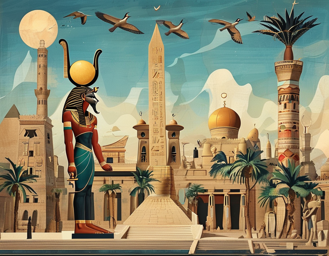 An artistic representation of ancient Egyptian gods and modern Egyptian religious practices, juxtaposing pharaohs, temples, and contemporary mosques, highlighting the spiritual evolution over time.