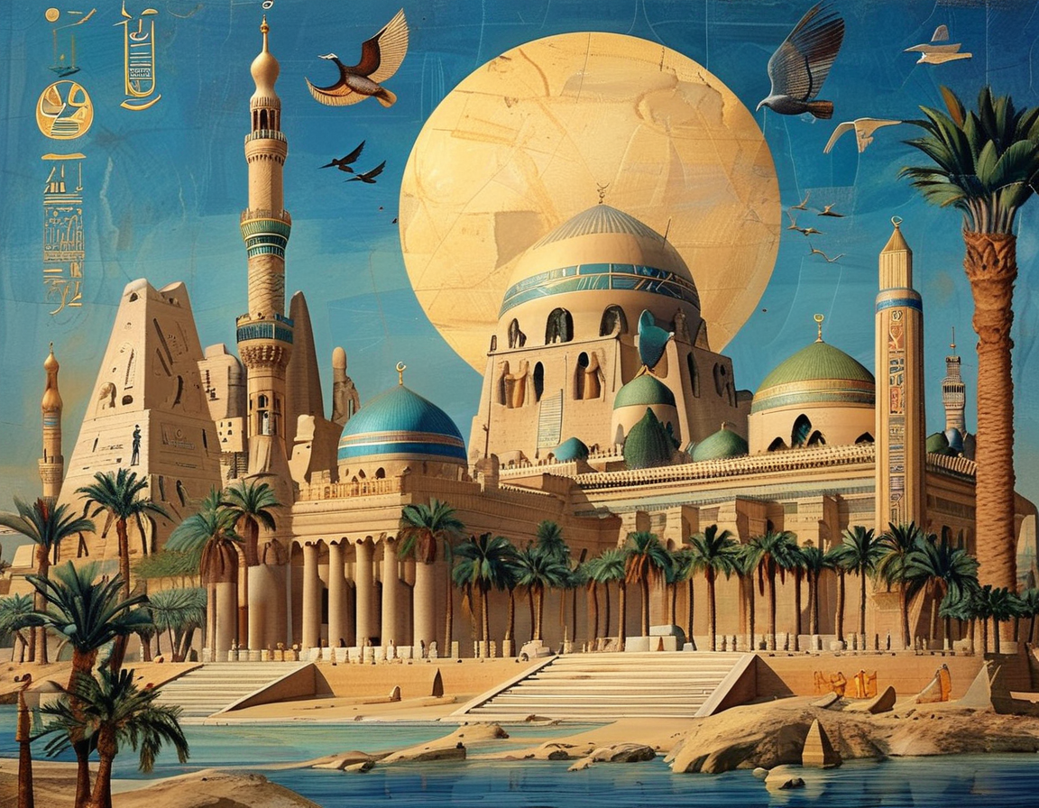 A vibrant street scene in Cairo during a prayer call, illustrating the deep-rooted traditions of Islam enriched by ancient beliefs, demonstrating the festive atmosphere and unity among citizens.