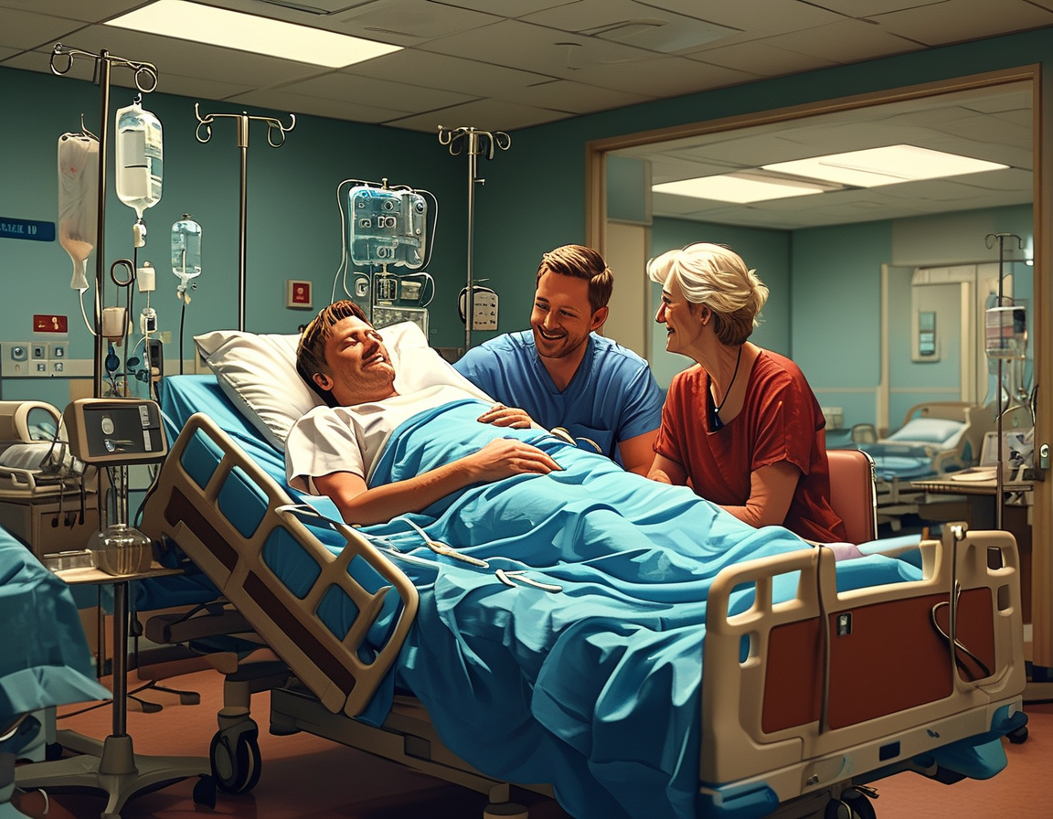 A heartfelt scene depicting Tommy Shine in a hospital bed, surrounded by his family, showcasing love and support as he fights for his recovery.