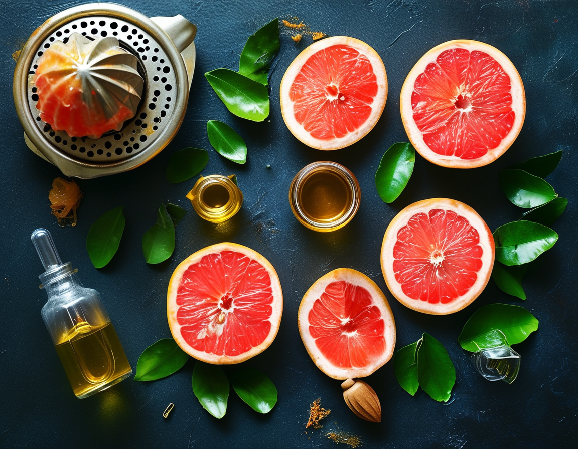 A vibrant display of freshly sliced grapefruit peels and tools for making essential oil at home, including a pot for steam distillation and a juicer.