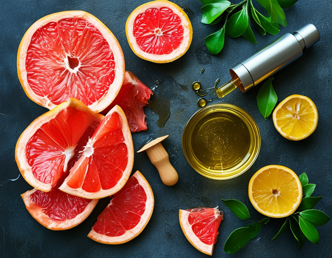 A close-up of a glass bottle filled with golden grapefruit essential oil, radiating freshness and natural essence, set against a backdrop of a citrus garden.