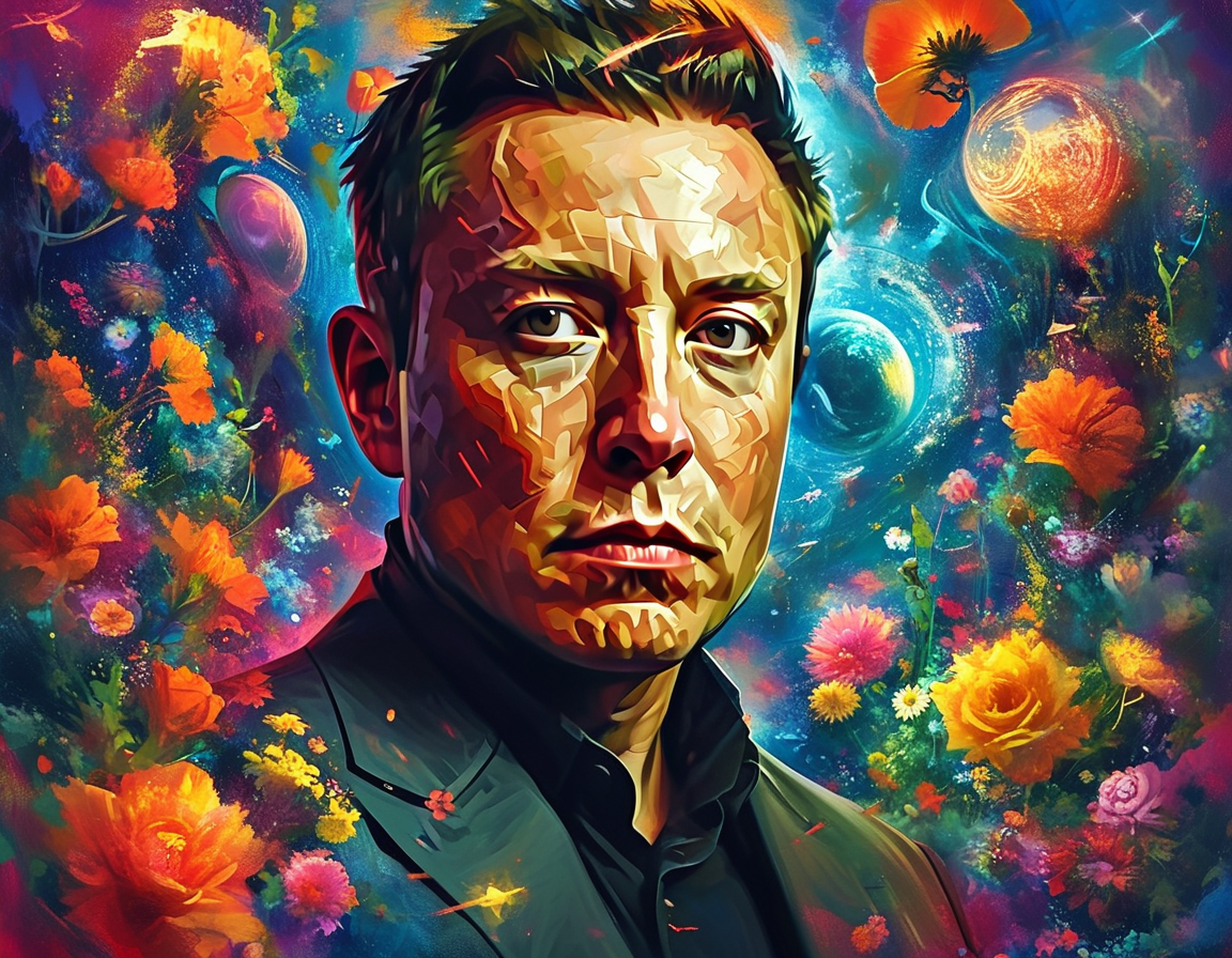 An artistic representation of Elon Musk surrounded by symbols of technology and love, showcasing his journey through high-profile relationships and fatherhood amidst a captivating backdrop of innovation.