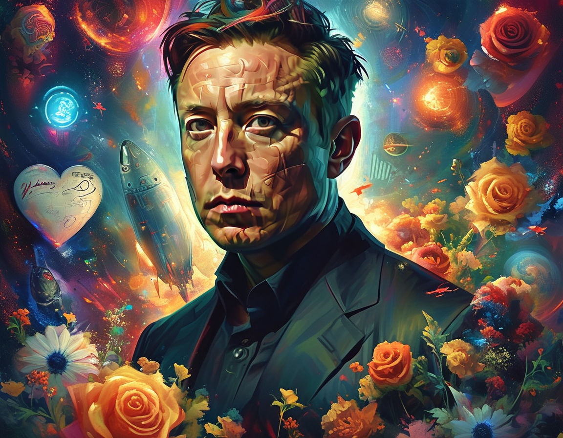 A collage of Elon Musk with his former partners, Talulah Riley, Amber Heard, and Grimes, reflecting the complexity and public interest in Musk's romantic life, with a blend of technology and art.