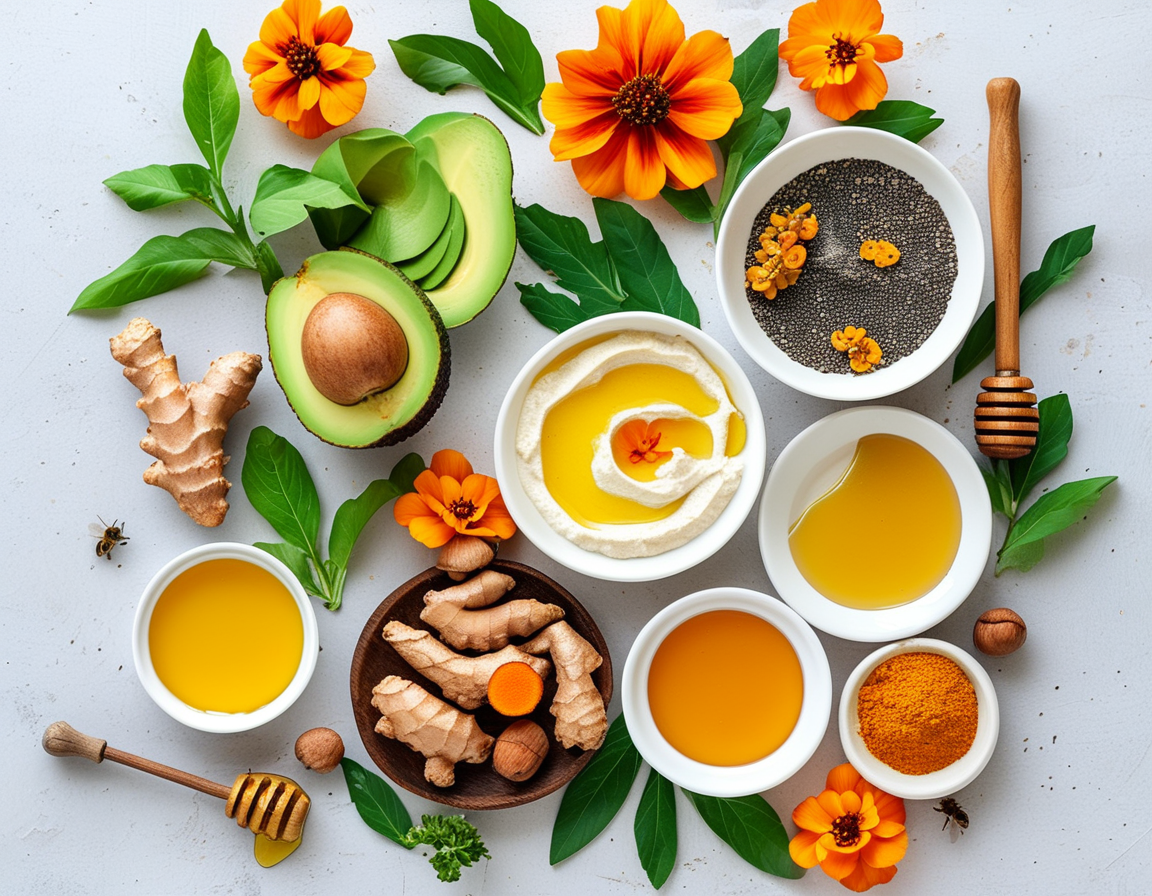 An aesthetically pleasing arrangement of natural ingredients such as honey, avocado, turmeric, and yogurt, with bowls showcasing the different DIY masks ready for application on a vanity table.