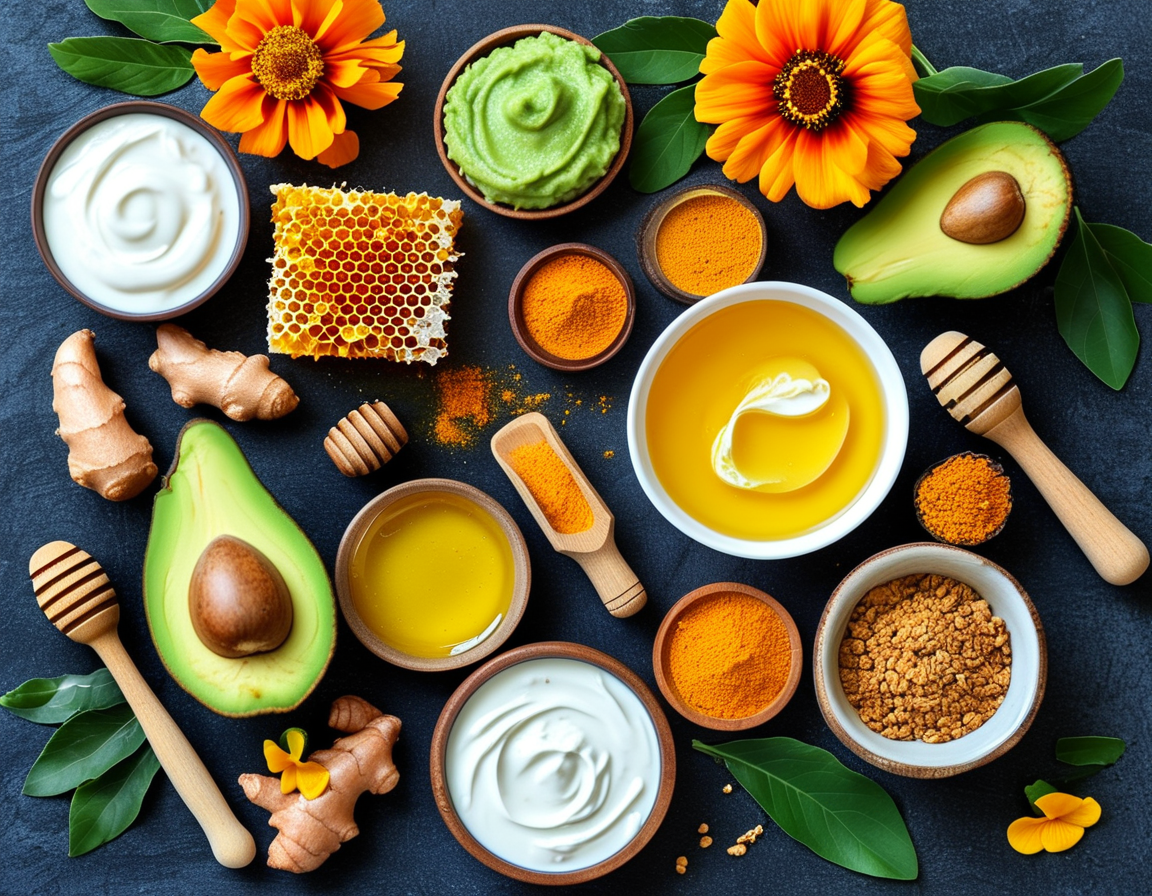 Several finished DIY face masks in colorful bowls, each labeled with key ingredients, displayed on a wooden surface alongside fresh fruits and herbs.