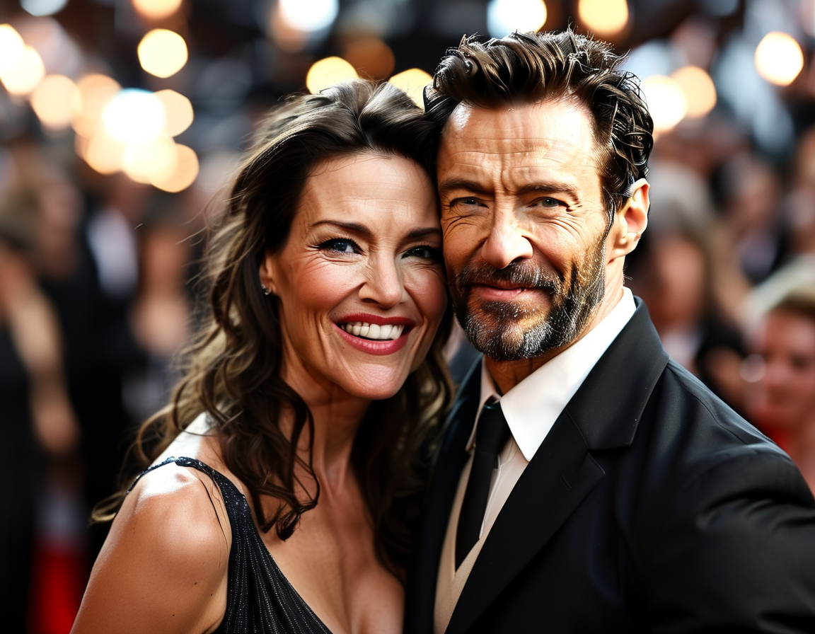 A candid moment of Hugh Jackman and Deborra-Lee Furness during a red carpet event, showcasing their affectionate bond while surrounded by flashing cameras, symbolizing the complexities of their public relationship.