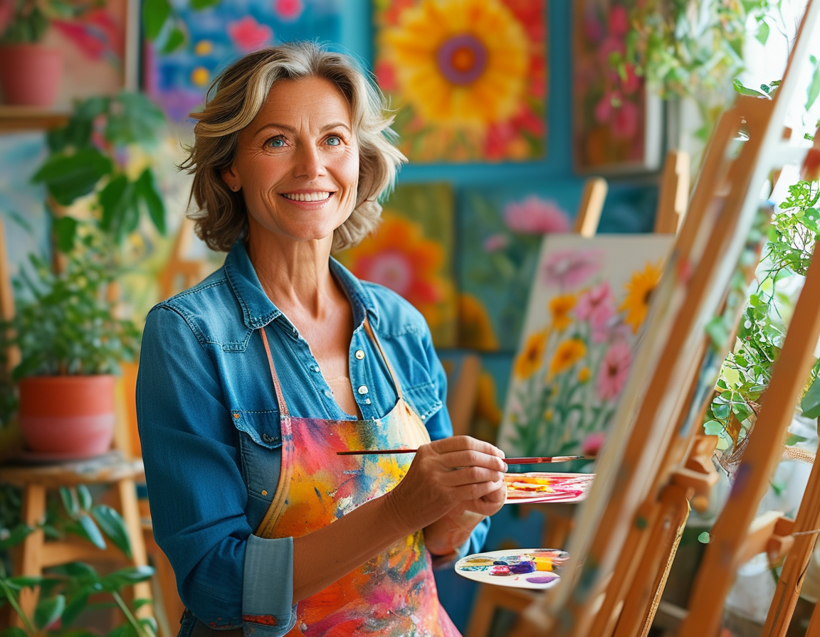 An inviting scene showing a mature woman painting in a bright, cheerful art studio, surrounded by colorful paintings and plants, symbolizing creativity and joy.