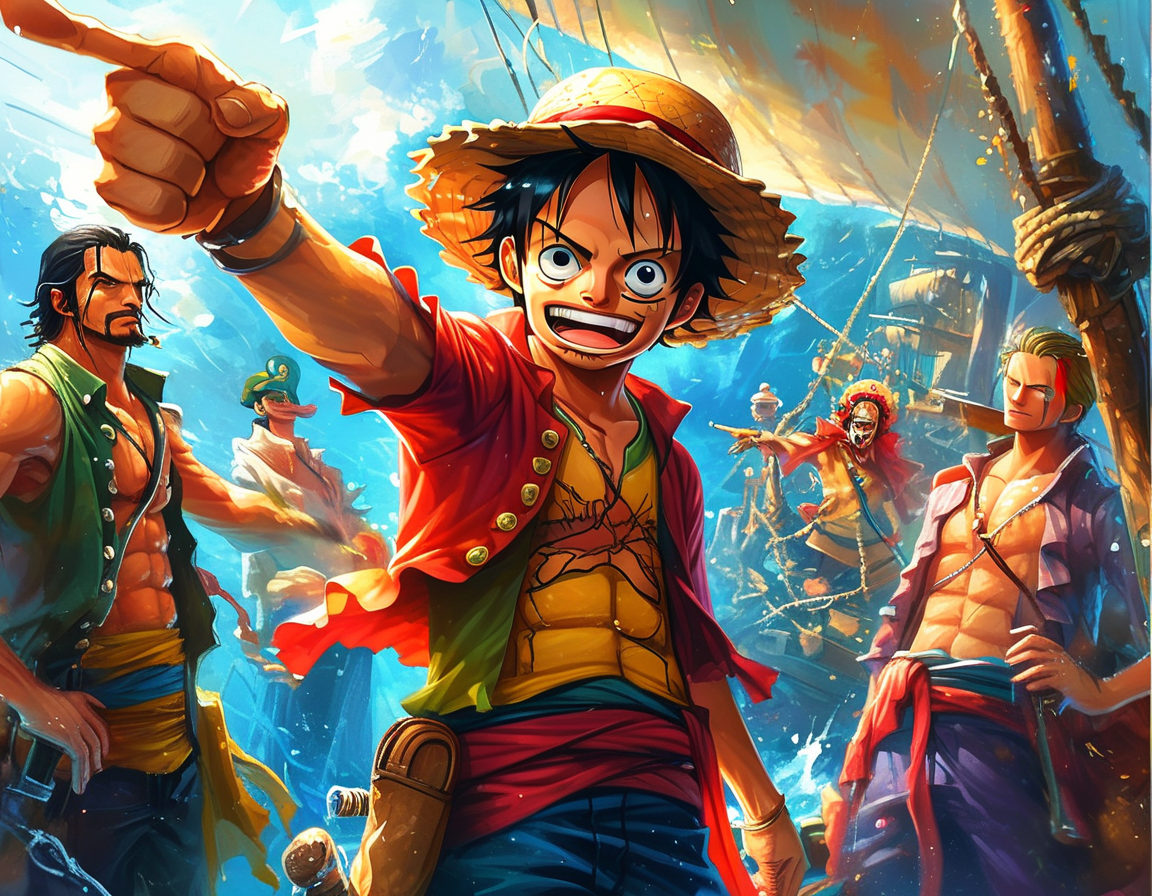 An artistic depiction of Monkey D. Luffy energetically stretching his arm towards a treasure map, surrounded by his diverse crew, featuring vibrant colors to capture the adventurous spirit of 'One Piece'.