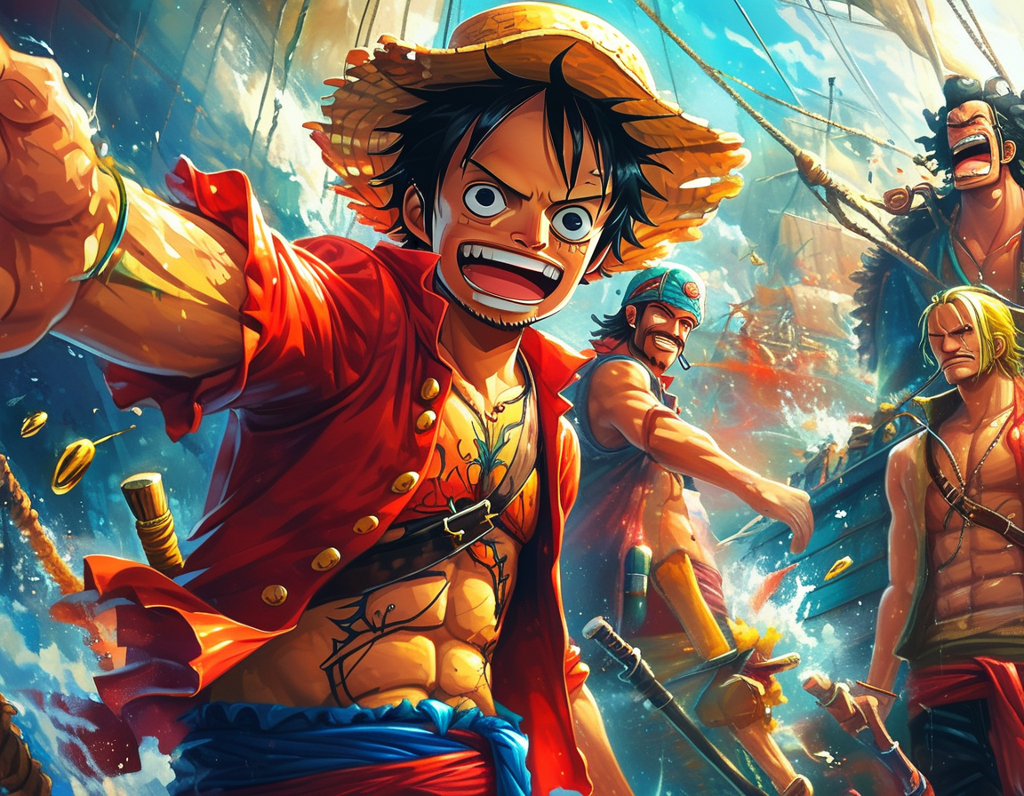 A close-up of a 'One Piece' manga volume stacked alongside collectible merchandise, symbolizing the series' vast cultural impact and dedicated fanbase.