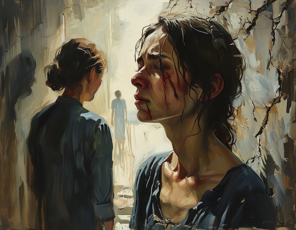 An artistic representation of a shattered family portrait symbolizing betrayal, pain, and the harsh realities of abuse, with a silhouette of a woman emerging from the shadows seeking healing.