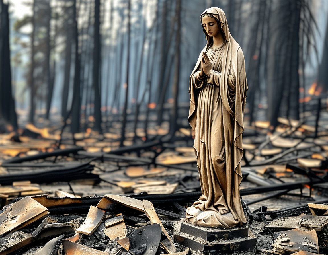A serene image showing the untouched Virgin Mary statue surrounded by charred debris and ash, illustrating the stark contrast between devastation and hope in the aftermath of a wildfire.
