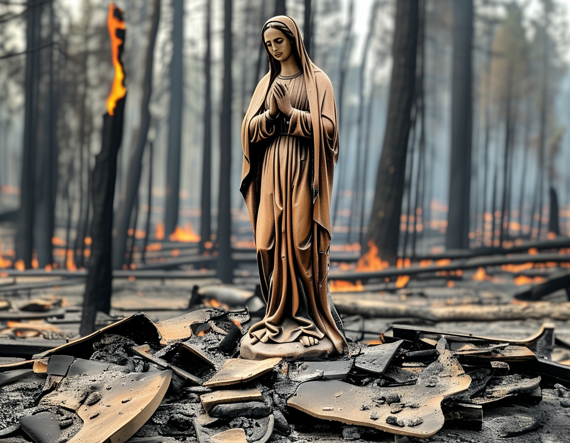 A family gathered around the surviving Virgin Mary statue, their faces reflecting a mixture of grief and gratitude in a poignant moment of prayer after the wildfire destruction.