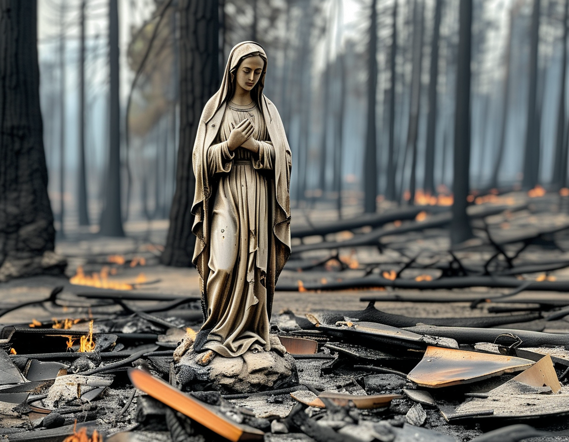 An aerial view of the burned landscape with the lone Virgin Mary statue standing resiliently, representing faith and hope amid the surrounding devastation of a wildfire.