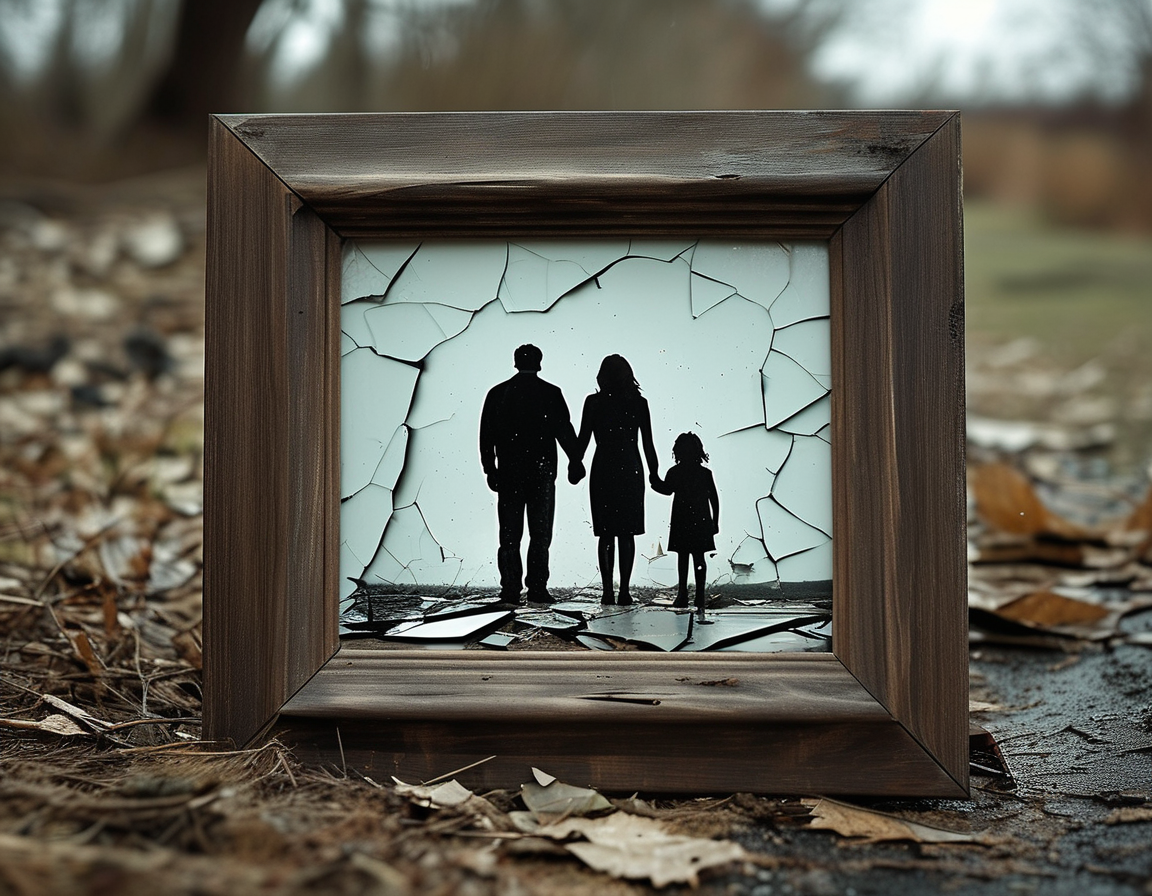 A moody and somber image depicting a family photo frame shattered on the ground symbolizes the breakdown of familial trust and love in the case of Jade Janks.