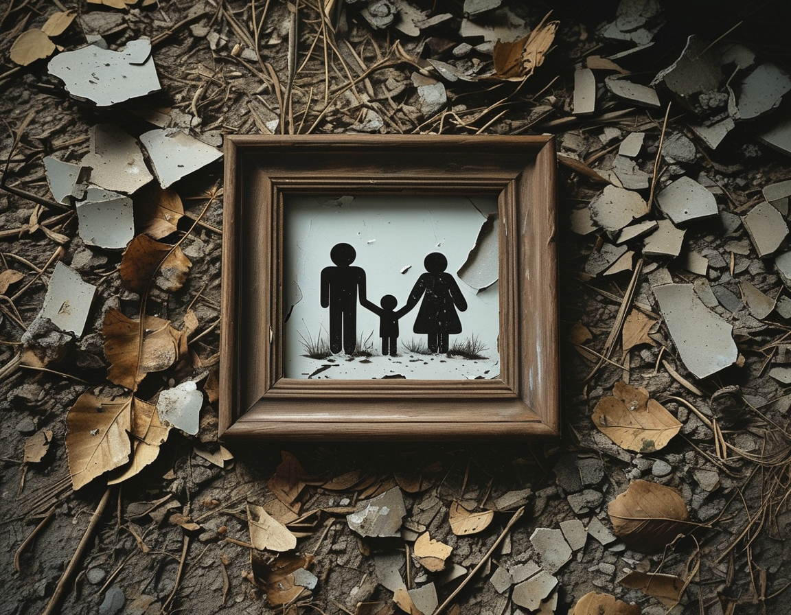 An abstract representation of conflicting emotions, featuring a heart split in two against a backdrop of dark colors, symbolizing the pain and betrayal within family relationships.