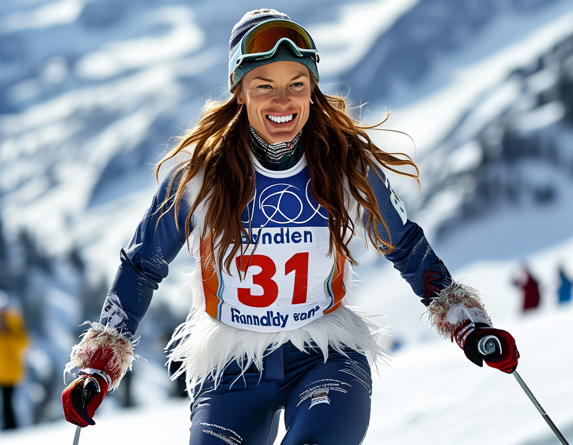 Lindsey Vonn racing down the slopes in Sankt Anton, wearing bib No. 31, with focused determination and a backdrop of snowy mountains and cheering fans.