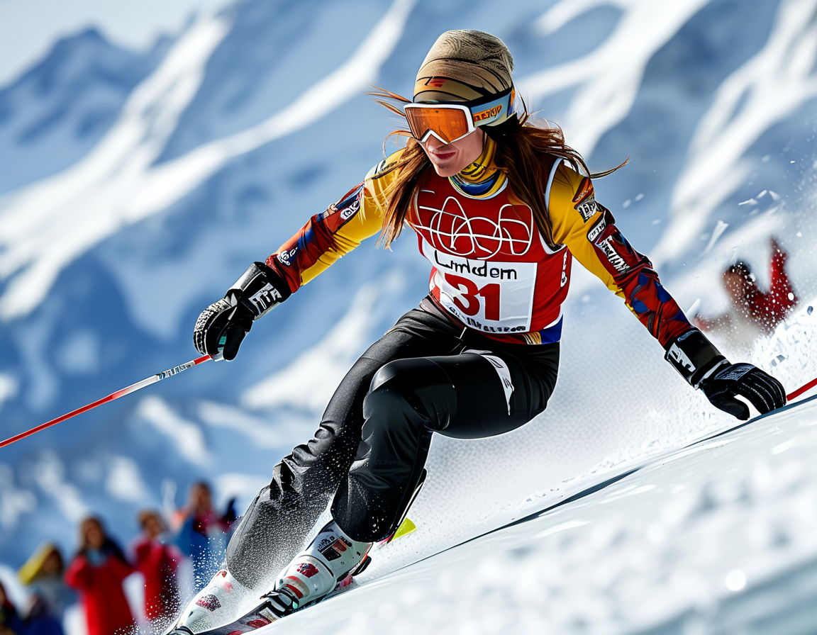 Lauren Macuga celebrating her historic World Cup victory, arms raised in triumph, surrounded by a jubilant crowd, with snow-covered slopes and banners in the background.