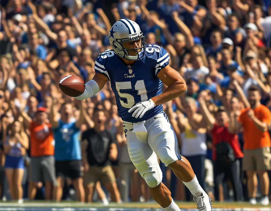 An image of quarterback Sam Darnold in action during a game, showcasing his strong passes and determination on the field, with fans cheering in the background.