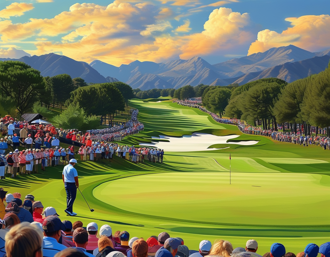 A vibrant image showcasing the scenic Pete Dye Stadium Course during The American Express tournament, with golfers preparing to tee off and spectators eagerly watching.
