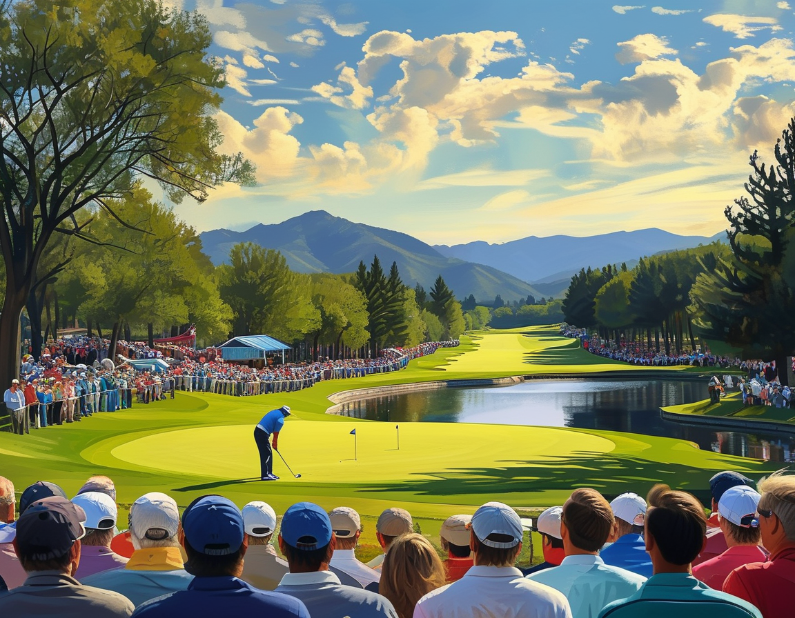 An action shot of a rookie golfer in mid-swing on the beautiful fairways of The American Express, representing the excitement of new talent entering the tournament.