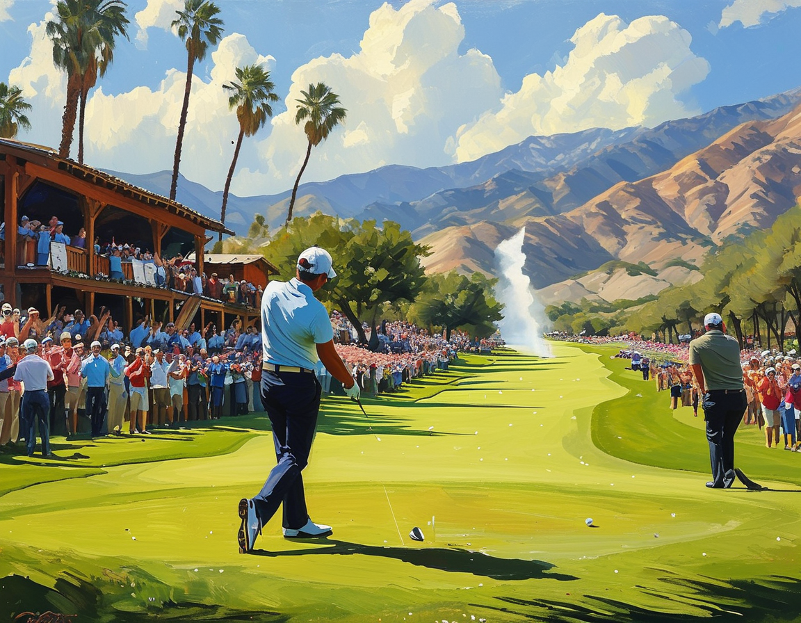 A vibrant scene capturing the excitement at The American Express golf tournament in the California desert, featuring players teeing off with fans cheering in the background.