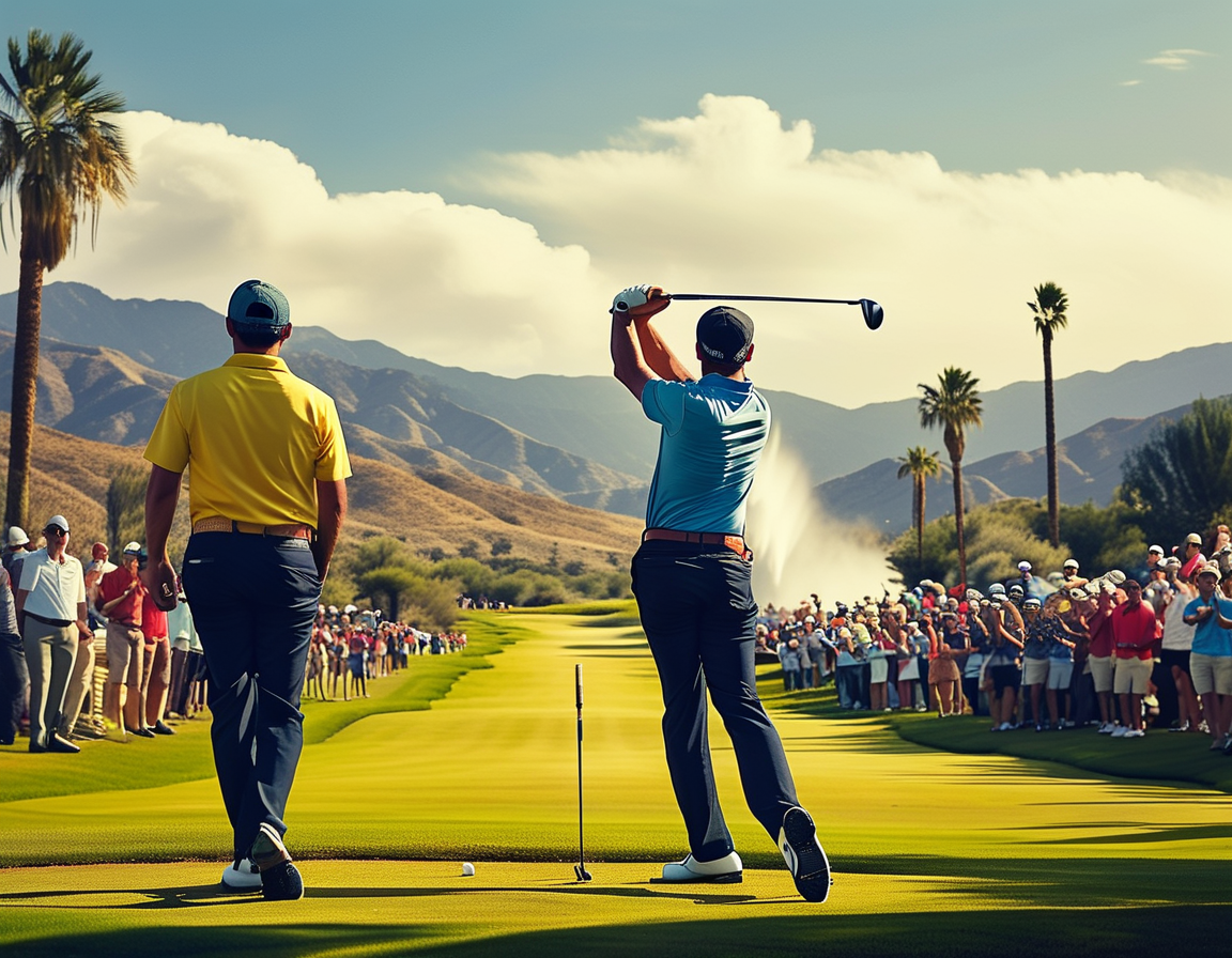 An aerial view of the prestigious Pete Dye Stadium Course during The American Express, highlighting the lush greens and scenic Coachella Valley backdrop.