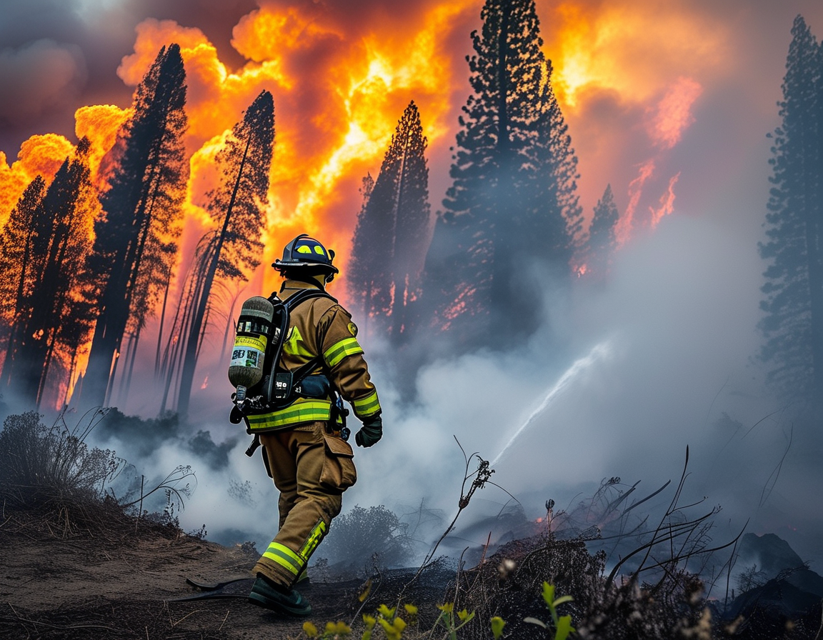 A firefighter battling flames against the backdrop of thick smoke and strong winds, showcasing the fierce battle to control California's wildfires.