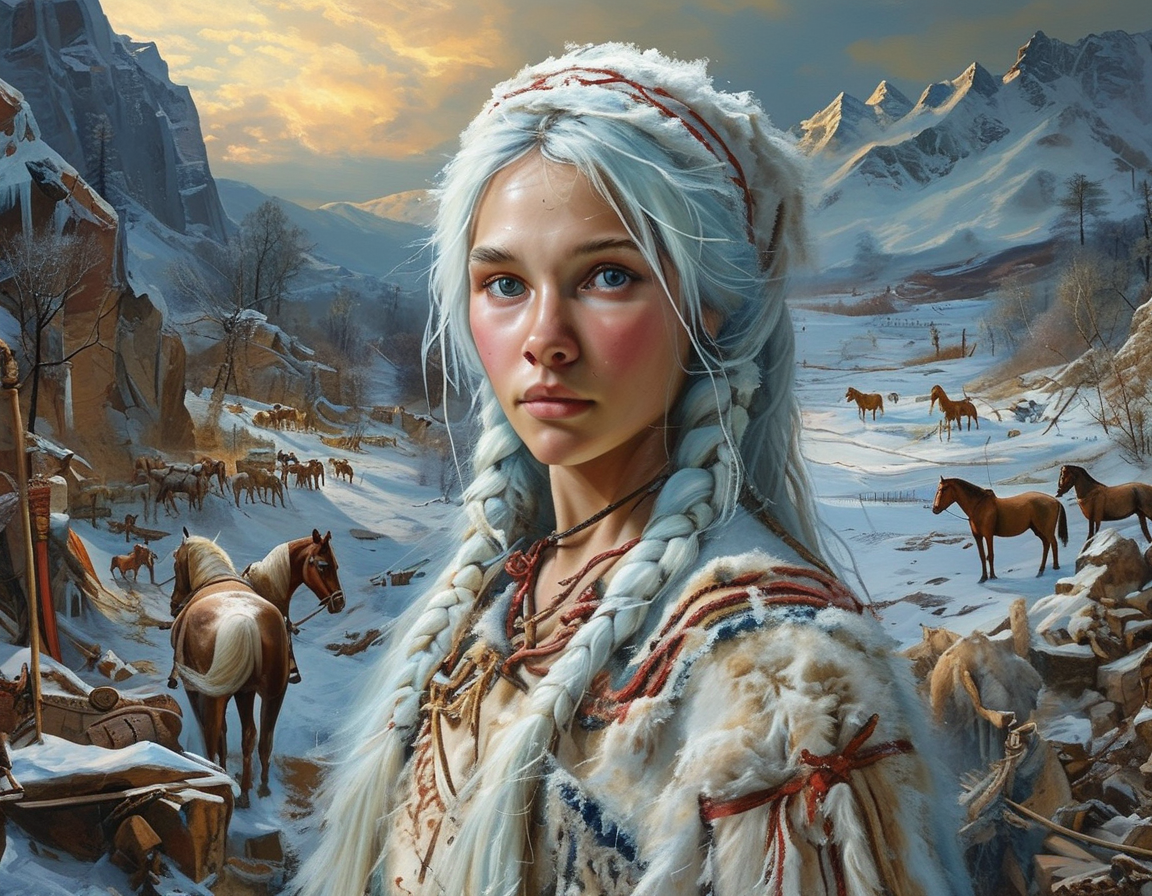 An archaeological team examining the well-preserved remains of the Siberian Ice Maiden surrounded by ancient artifacts, horses, and rich historical context.