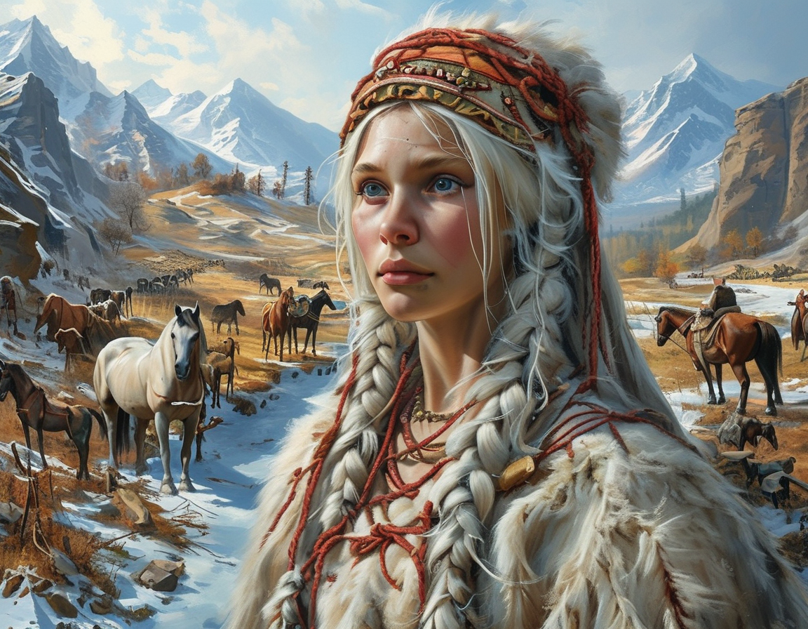 A close-up view of the intricate tattoos on the Siberian Ice Maiden's skin, showcasing the artistry of the Pazyryk culture.