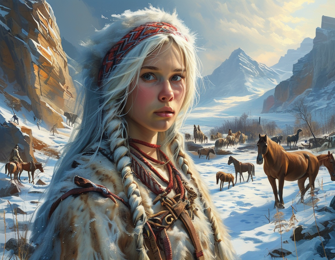 The snowy landscape of the Altai Mountains, highlighting the remote setting where the Ice Maiden was discovered, symbolizing her burial site's historical significance.