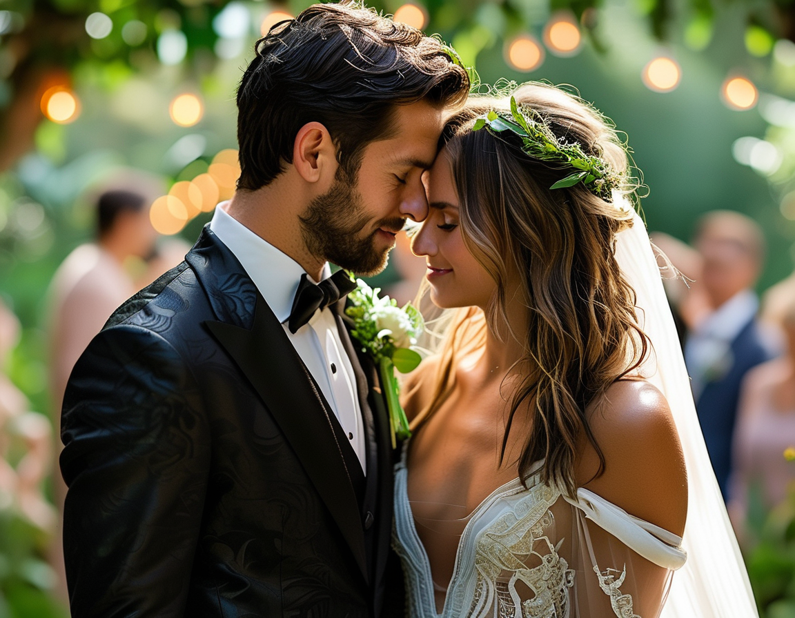 A picturesque moment of Sadie Robertson and Christian Huff during their fairy-tale wedding, surrounded by fairy lights, greenery, and the love of their family and friends.