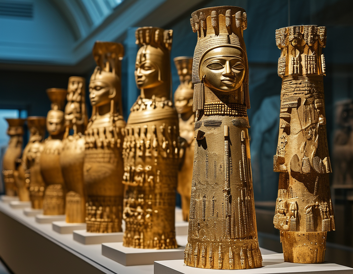 A collection of ancient gold artefacts from the Asante Empire displayed against a backdrop of the British Museum, symbolizing the historical ties and the conversation around repatriation.