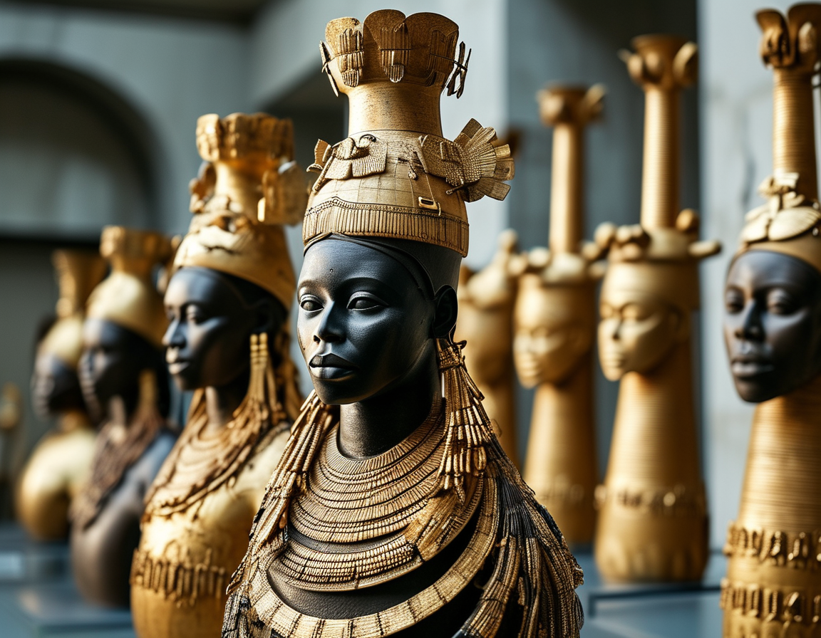 A portrait of Osei Tutu II, the Asante king, surrounded by historical artefacts, representing the cultural significance of the returned treasures to the Ghanaian identity.