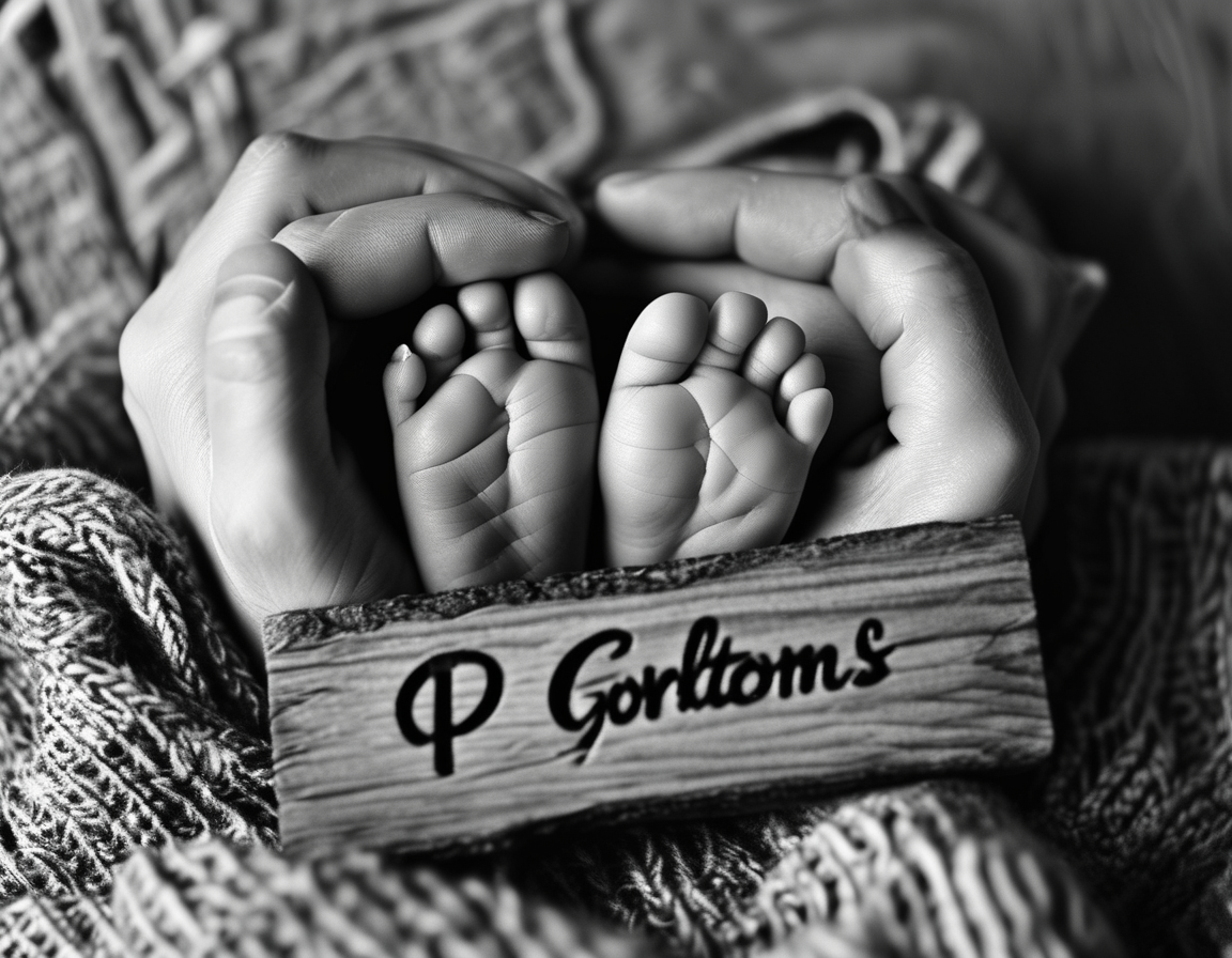 A heartfelt black-and-white image of Brittany and Patrick Mahomes holding their newborn daughter Golden Raye's tiny feet, alongside a wooden sign with her name.
