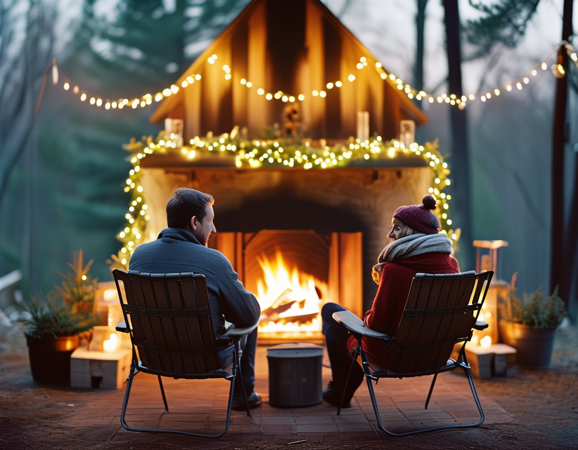 Josh Hall and Stephanie Gabrys sitting together in front of an outdoor fireplace, surrounded by twinkling Christmas lights, radiating happiness and warmth on her birthday.