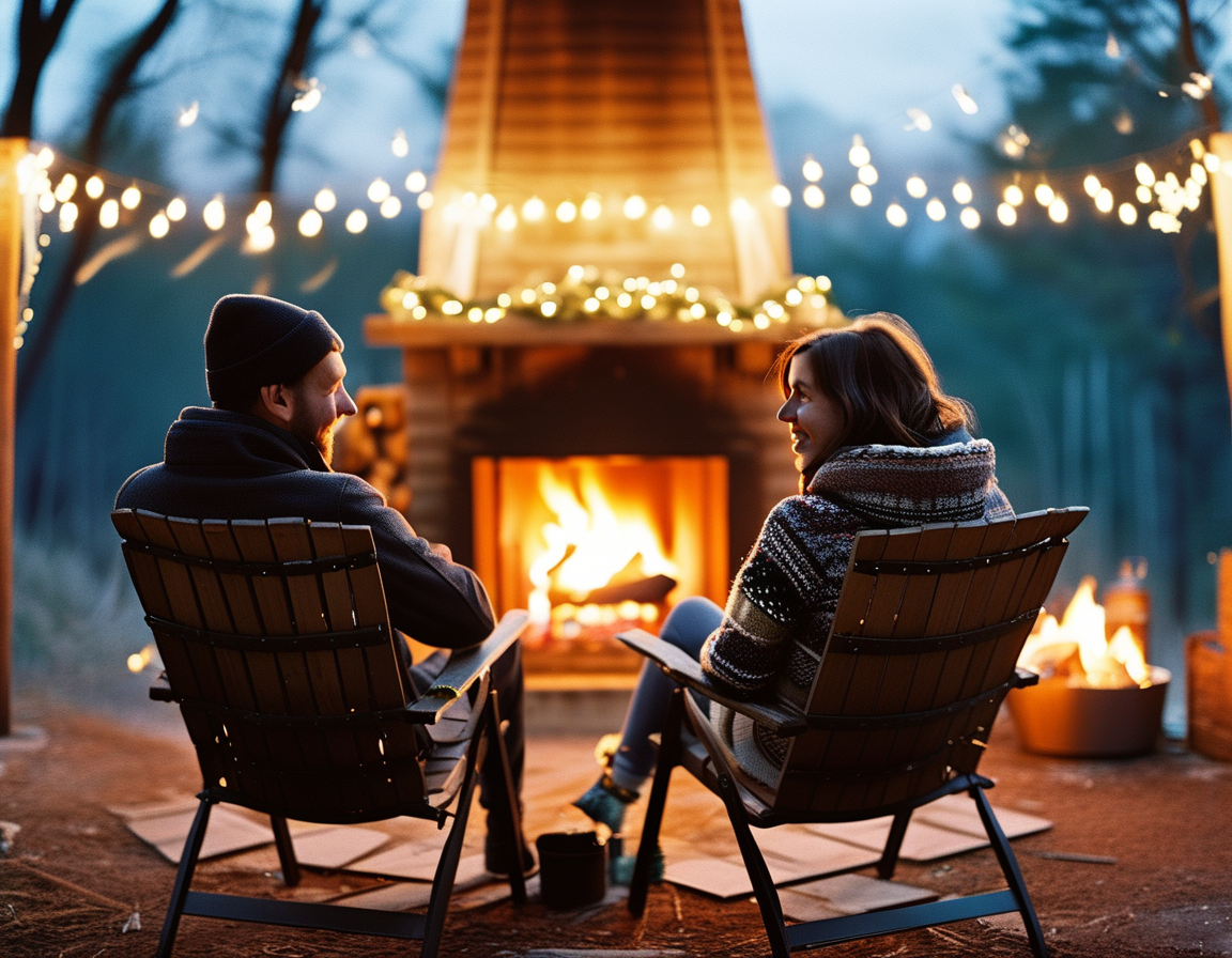 A cozy and intimate scene with Josh Hall and Stephanie Gabrys, both smiling and enjoying each other's company amid a festive outdoor setting.