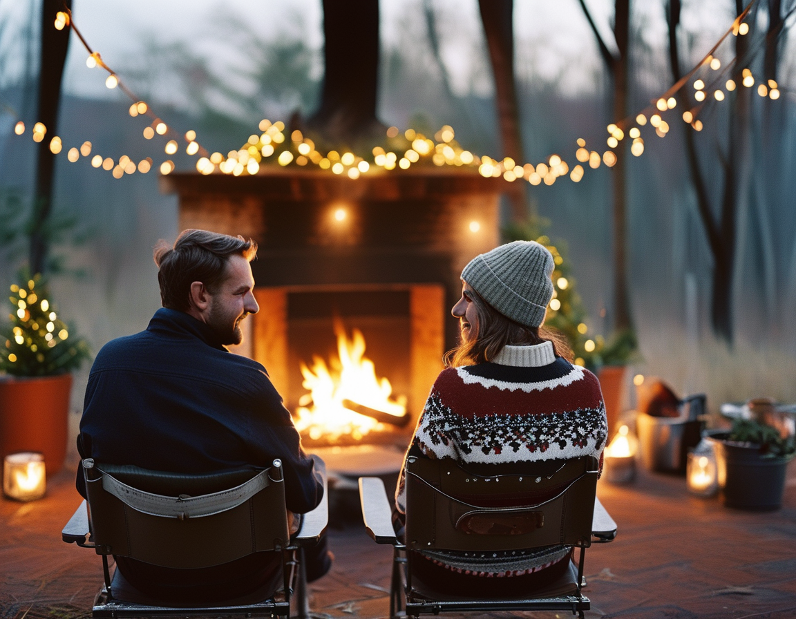 A close-up of Hall and Gabrys laughing together, with the glow of the fireplace highlighting their joyful expressions against a backdrop of glowing Christmas lights.