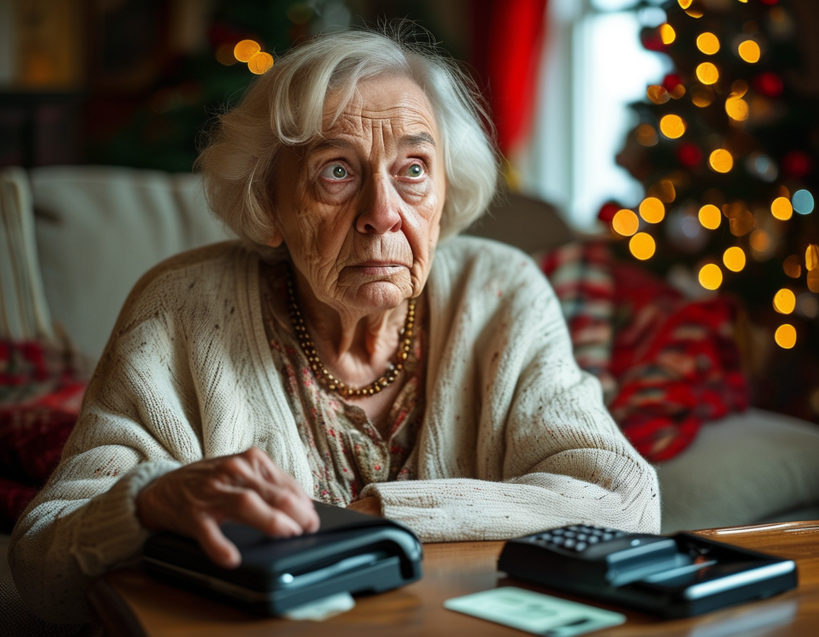 An elderly woman looks frightened while sitting in her living room, with a broken checkbook and a credit card on the table, symbolizing betrayal and vulnerability. Holiday decorations are subtly in the background, contrasting the tension of the situation.