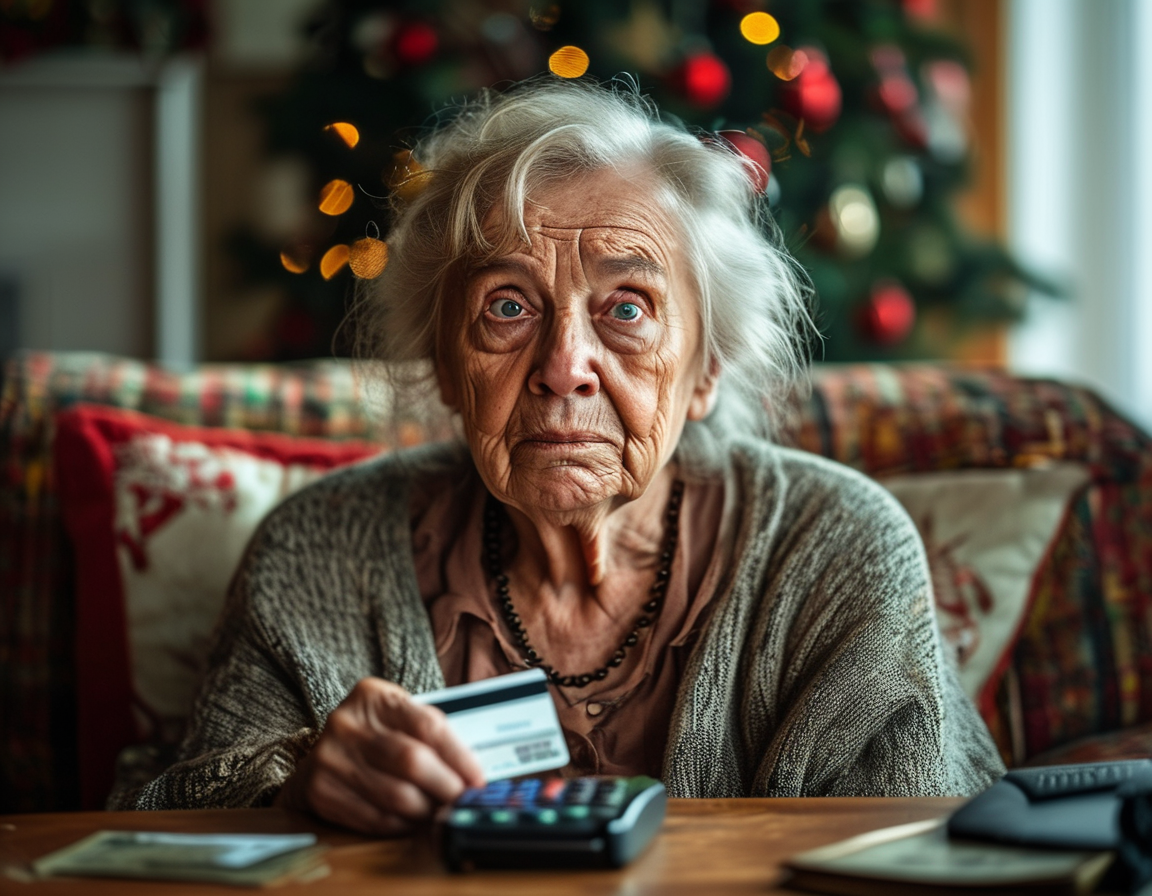A close-up of a hand holding a checkbook and a pen, showing signs of distress, reflecting the impact of financial desperation during the holiday season. The setting indicates it's Christmas Eve.