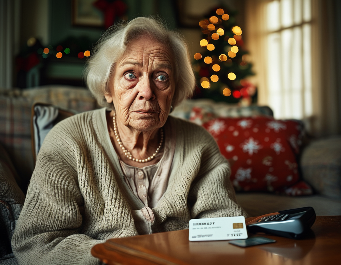 A housekeeper stands with a distressed expression, holding a credit card and check as she looks out the window, pondering her desperate choices against the backdrop of a festive holiday scene.