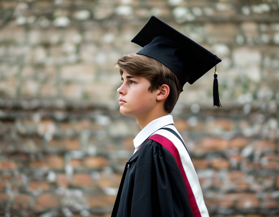 A somber teenage boy stands alone in a graduation gown, looking pensively into the distance, symbolizing his feelings of isolation and emotional conflict regarding family acceptance.