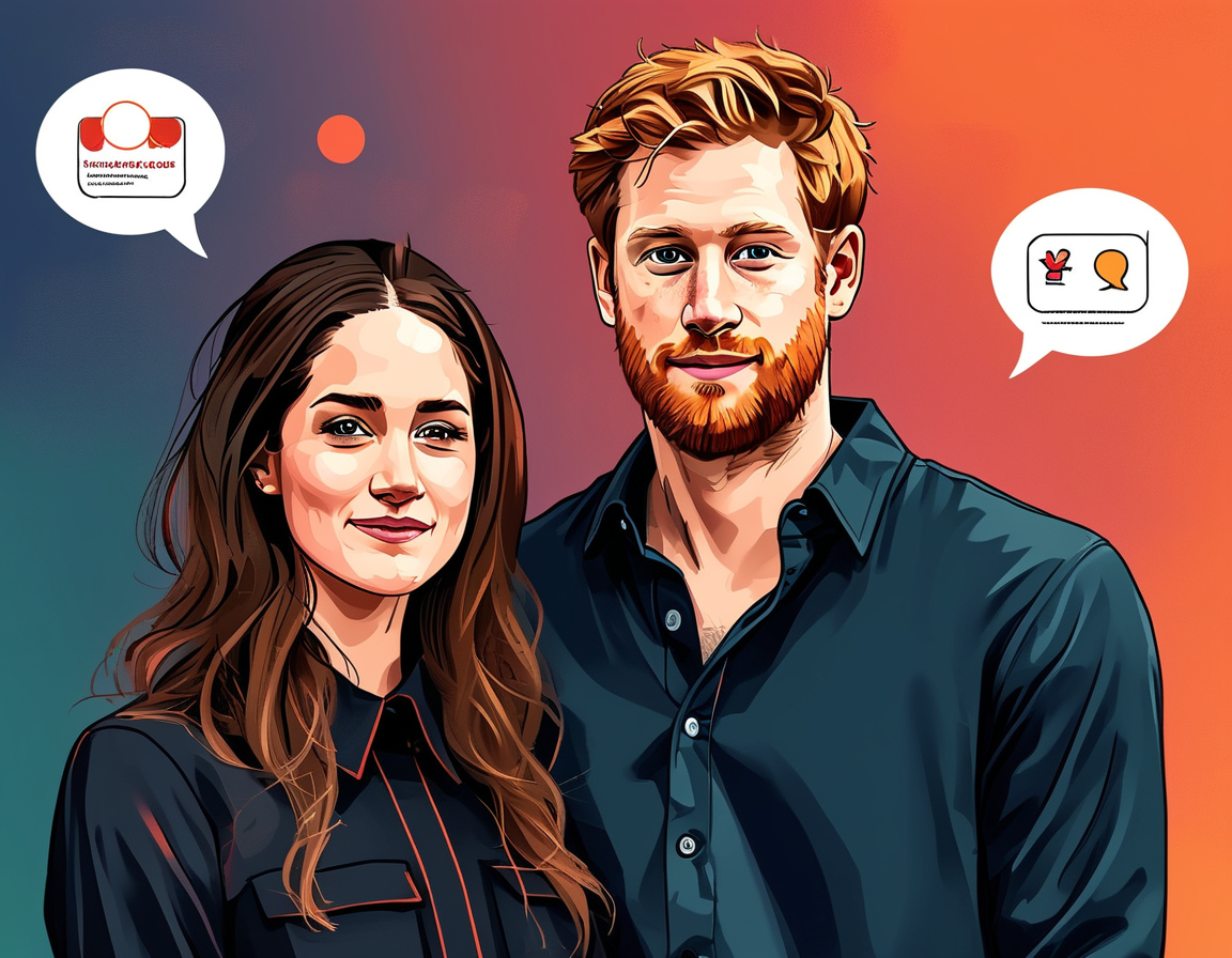 An illustration showing Meghan Markle and Prince Harry standing together, passionately advocating for online integrity, with visuals of social media platforms and information bubbles symbolizing misinformation.