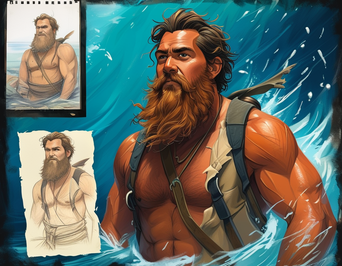 An illustration showing Buck Woodall, the filmmaker, surrounded by his original sketches for 'Bucky the Wave Warrior' alongside a promotional image of Disney's 'Moana', highlighting their thematic similarities.