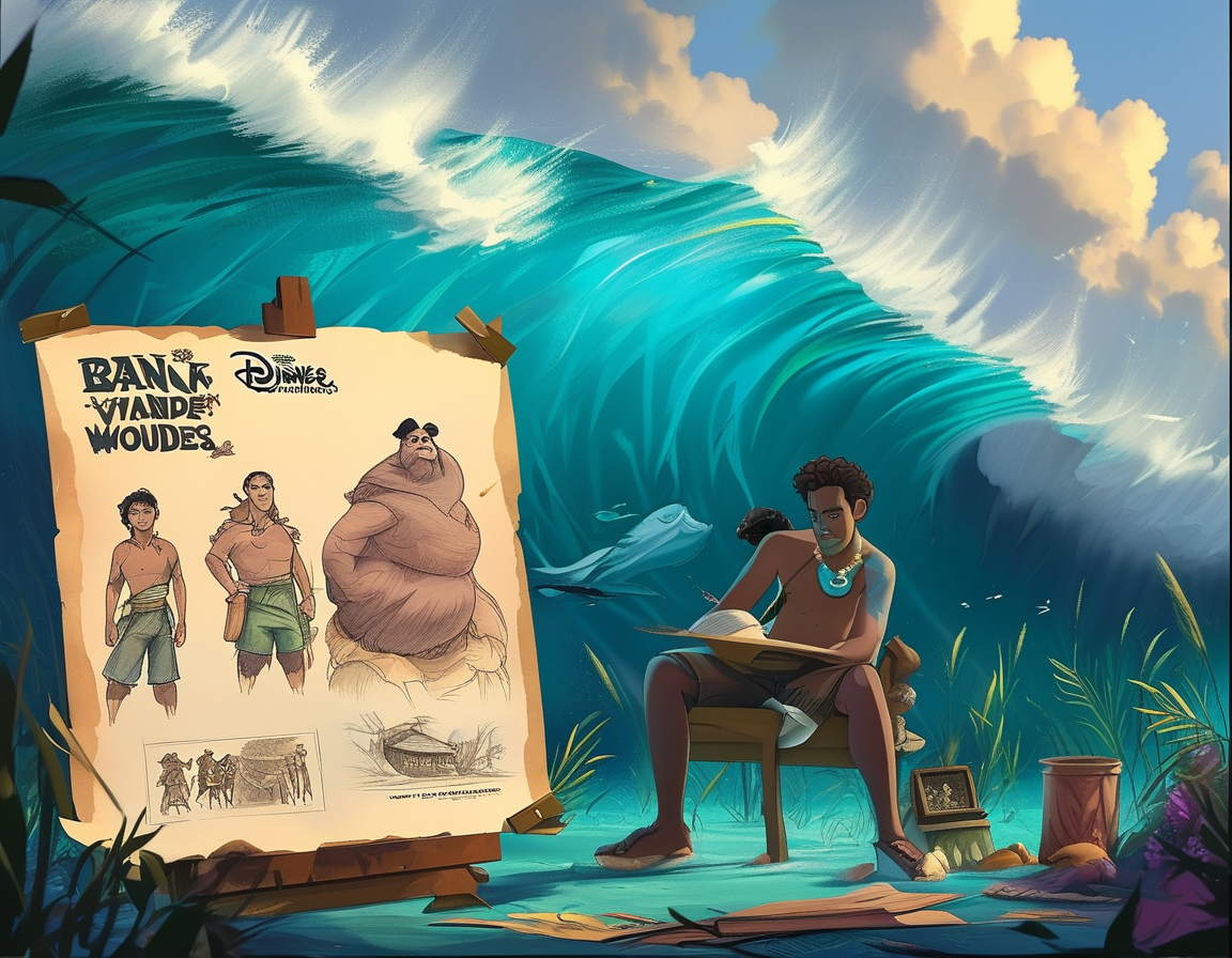 A split image depicting the vibrant Polynesian cultures represented in both 'Moana' and 'Bucky the Wave Warrior', emphasizing the cultural elements shared by both stories.