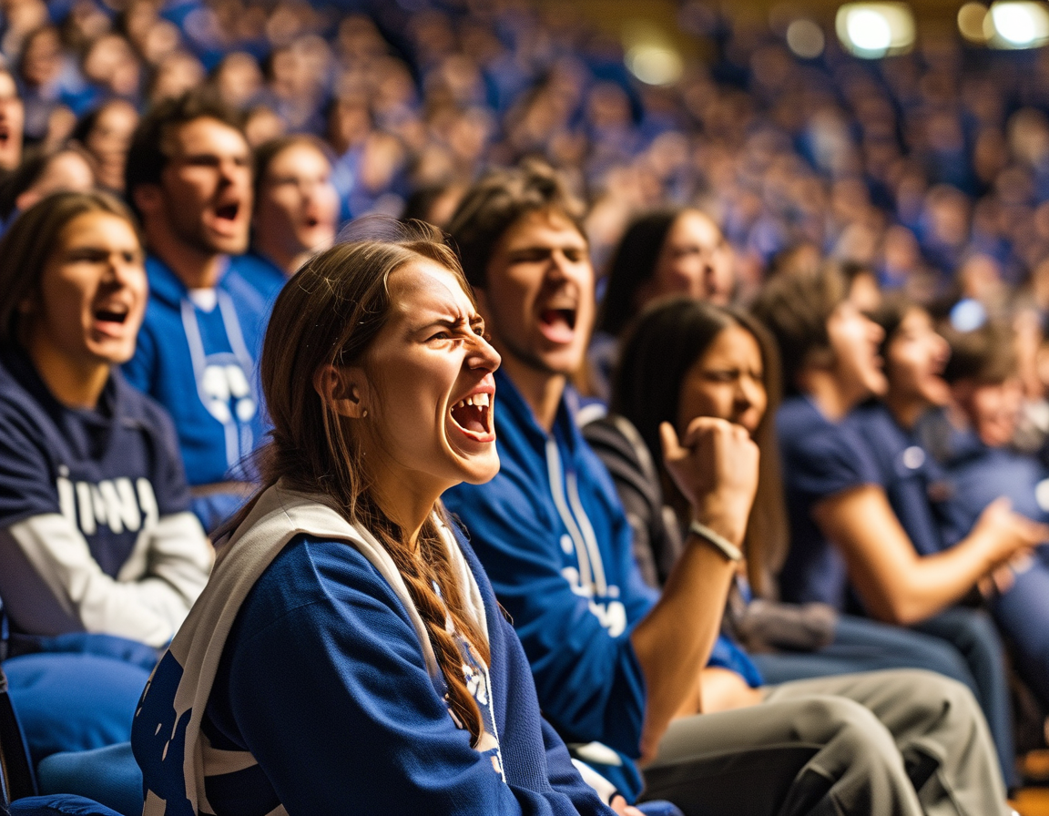 A crowded Assembly Hall at Indiana University filled with frustrated fans expressing their disappointment through chants after the Hoosiers' poor performance against Illinois.