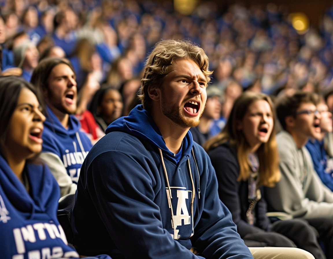 Close-up of fans with concerned expressions holding signs in support of change, symbolizing the uproar against the team’s current state and coaching strategies after a significant loss.